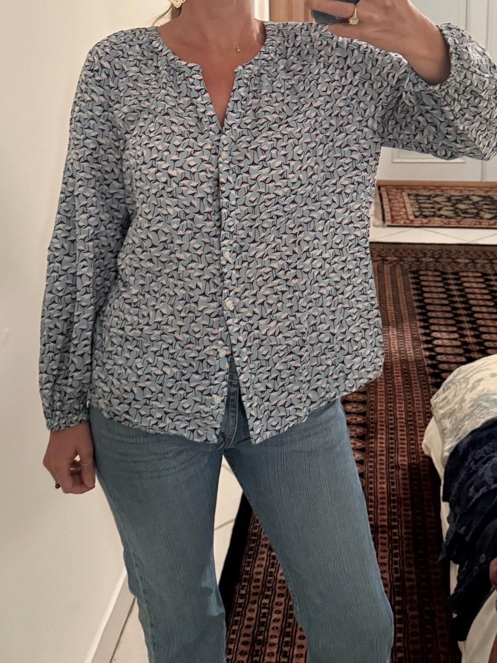 Boden Light Blue Printed Long-Sleeve Button Front Blouse cotton and linen